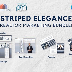 Pack marketing tout-en-un pour agents immobiliers RAYURES ELEGANCE | Toile personnalisable | Panneau À vendre, Cavaliers, Portes ouvertes, Carte postale et carte de visite