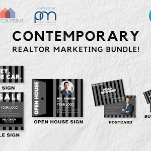 Pack marketing immobilier contemporain tout-en-un | Toile personnalisable | Panneau À vendre + Cavalier, Panneau Portes Ouvertes, Carte postale et carte de visite