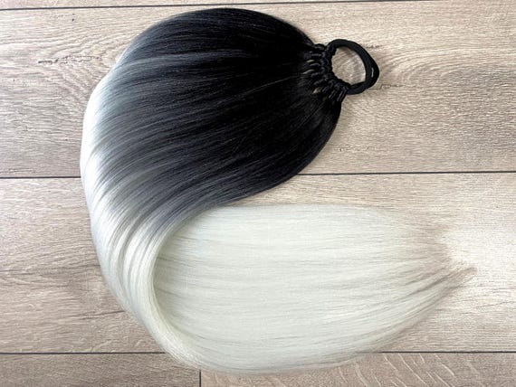Steampunk Wig Black White Streaks Pony Tails Steampunk Wig Black White Streaks Pony Tails
