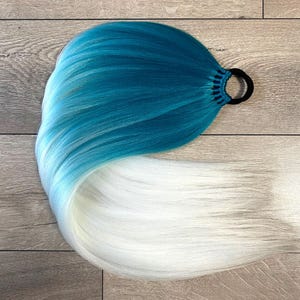 Ombre Ponytail Extension on elastic band, Festival Fake Ponytail Hair Extension. blue and white.