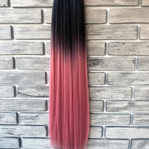 Ombre Ponytail Extension on elastic band, Festival Fake Ponytail Hair Extension. black-pink, powder.