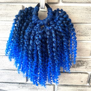Curly Ombre black and blue, Ponytail Extensions, Hair on Elastic Band, Synthetic Hair Extension on Hairband, Hair Wig, Kanekalon Hair.