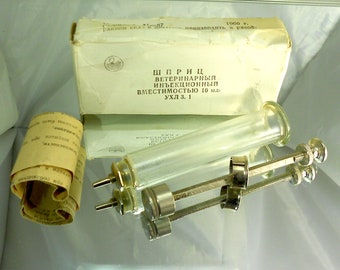 Vintage Glass SYRINGE.10 ml Reusable Hypodermic Glass Syringe.Medical supplies.1980s Vintage.