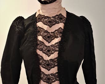 Black/Powder Pink Vintage Satin/Lace French Bodice