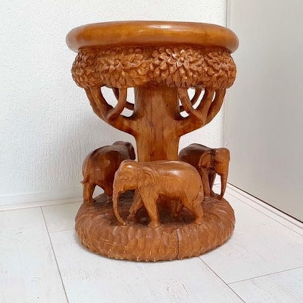 Commerce équitable Sculpté à la main Éléphant Table d’appoint Tabouret Pot De Plantes Lampe Stand Tribal Art sculpté éléphant Table