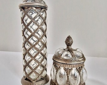 RARE FIND A pair of amazing Vintage Large Baroque Brass & Hand Blown Bubble Glass Lidded Box / apothecary jars