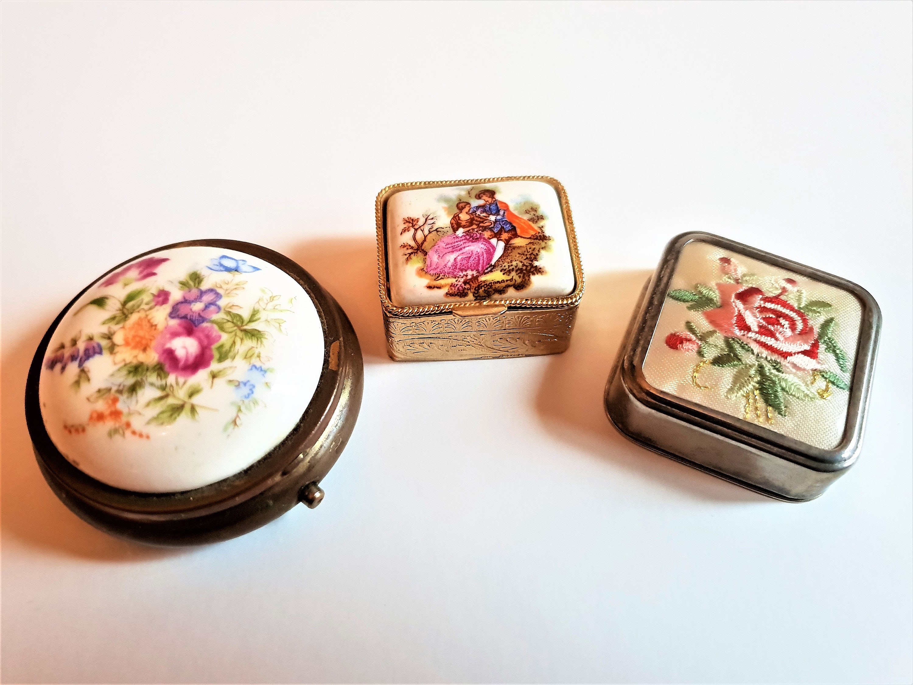 Lot of Three Antique Pill Boxes, Trinket boxes, Hand Painted floral Porcelain Box, Needle point box, Pill Box with floral design on Top