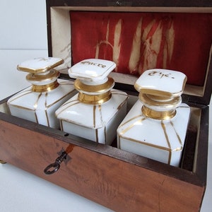 Antique French Rosewood Tea Caddy Box, Hand Painted Paris Porcelain Bottles