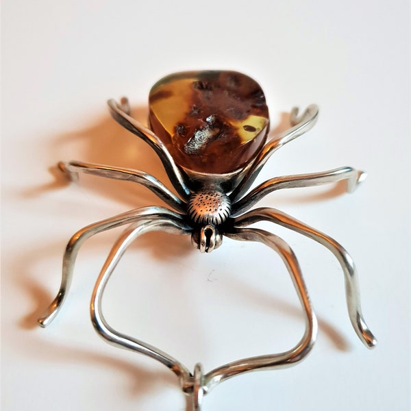 Large Art Nouveau Sterling Silver and Amber Pendant,  Sterling Silver Spider Brooch, Vintage Sterling Silver Spider Pin, Baltic amber