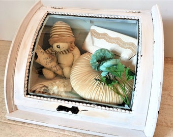 Stunning Shabby Chic Glass Top Box, Display Case - Vintage Shadow Box, Jewelry Display Case, Store countertop wooden display cabinet.