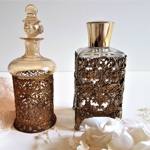 TWO Vintage Gold Filigree Perfume Bottle, Vintage Filigree Ormolu perfume bottle, Vintage Filigree Perfume Bottle Gold Toned Glass Stopper