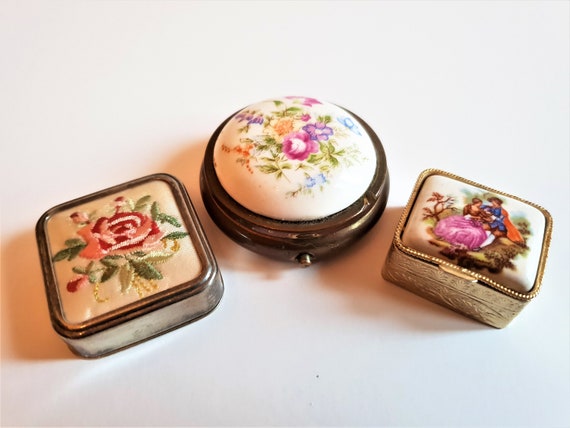 Lot of Three Antique Pill Boxes, Trinket Boxes, Hand Painted Floral Porcelain Box, Needle Point Box, Pill Box With Floral Design on Top - Etsy