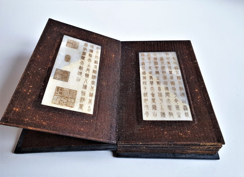 Chinese Book of Jade Tablets, 19th century book of Buddha gold toned JADE plates, plaques, inscribed jade plaques image 1