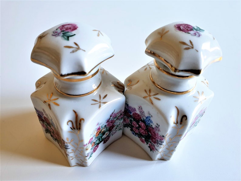 Pair Antique Tea Caddies Hand Painted Porcelain Tea Caddies, Circa 1850
