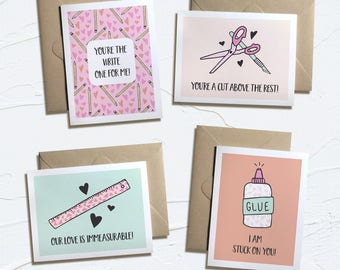 Pack de cartes de la Saint-Valentin des outils scolaires ! Cartes imprimables de la Saint-Valentin, Saint-Valentin drôle, Téléchargement instantané, Jeux de mots d'amour, Paquet de cartes, Ensemble de 4, E-Card