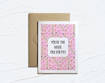 Printable Valentine Card- You're the Write One for Me! Funny Valentines, School Tools Cards, Instant Download, Love Puns, E-Card