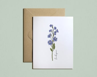 印刷可能な誕生月の花カード: 7 月 - ラークスパー、誕生日、文房具、母の日、水彩画、即時ダウンロード