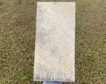 May include: A rectangular stone tile with a beige and gray mottled pattern. The bottom edge features a dark gray, fern-like design. The tile is held against a background of green grass.