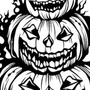 May include: Black and white illustration of three stacked jack-o'-lanterns with carved, toothy grins. The top pumpkin has flames around it. The pumpkins are a Halloween-themed decoration.