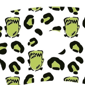 May include: Green Frankenstein monster and black leopard print pattern on a white background.
