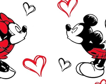 Könnte beinhalten: Schwarz-weiß-Illustration von Mickey Mouse und Minnie Mouse, die sich gegenseitig Küsse zuwerfen. Rote Herzen sind um sie herum verstreut.
