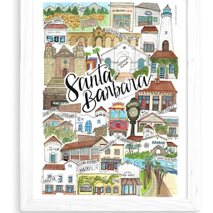 May include: A colorful illustrated map of Santa Barbara, California, featuring landmarks and local businesses. The map is drawn in a whimsical style with hand-drawn details and vibrant colors.