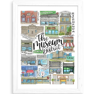 May include: A hand-drawn illustration of the Museum District in Richmond, Virginia. The illustration features various buildings, including shops, restaurants, and a museum. The text "The Museum District" is written in a large, stylized font.