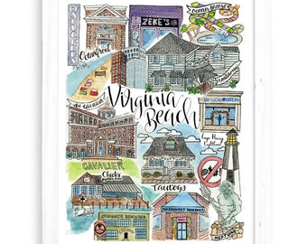 Virginia Beach Art Print | Watercolor Wall Art Painting Norfolk Virginia Oceanfront Hampton Roads Cavalier Boardwalk Lighthouse Vacation