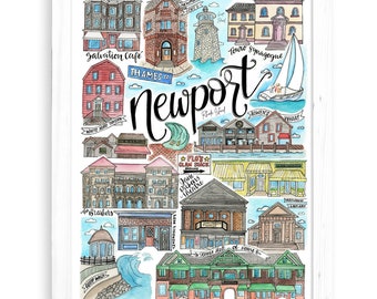 Newport, RI Art Print | Watercolor Wall Art Painting Rhode Island The breakers providence jane pickens tennis hall of fame sailboat touro