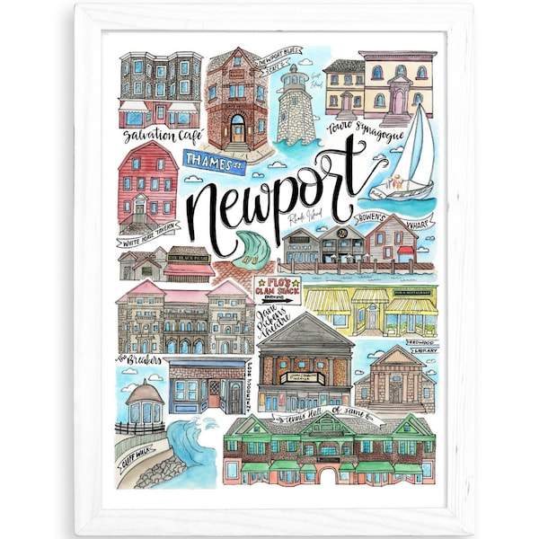 Newport, RI Art Print | Watercolor Wall Art Painting Rhode Island The breakers providence jane pickens tennis hall of fame sailboat touro