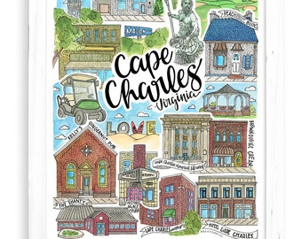 Cape Charles Art Print | Virginia Gift Watercolor Eastern Shore VA Northampton Chesapeake Bay Fig St Mason Ave Bay Creek Golf Postcard