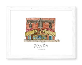 Impressão artística do Teatro Byrd - Richmond, VA Aquarela RVA Carytown Pintura Maymont Church Hill The Fan VCU rva jackson ward mcv monroe ward
