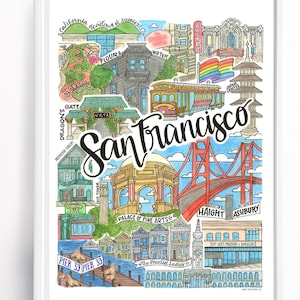 Peut inclure: Une affiche encadrée avec une illustration colorée des monuments de San Francisco. L'œuvre d'art comprend le Golden Gate Bridge, le Palais des Beaux-Arts et les Painted Ladies. Le mot "San Francisco" est mis en évidence.