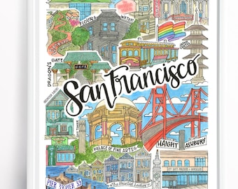 San Francisco Art Print + Postcard | The Castro The Mission Haight Ashbury Northshore, Knob Hill, Golden Gate, Chinatown, Pier39, Marina Dis