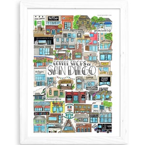 Coffee Shops von San Diego Kunstdruck |  Aquarell Zeichnung Kalifornien Wand Dekor Coronado Nord Park Pazifik Strand Bierbrauen La Jolla SDU