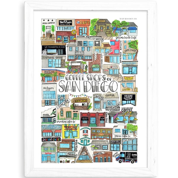 Coffee Shops of San Diego Art Print |  Watercolor Drawing California Wall Decor Coronado North Park Pacific Beach Beer Brewing La Jolla SDU