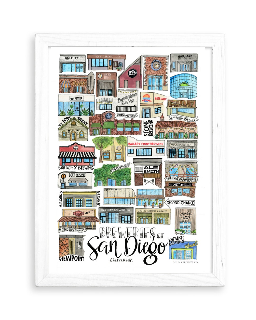 Breweries of San Diego Art Print |  Watercolor Drawing California Wall Decor Coronado North Park Pacific Beach Beer Brewing La Jolla SDU