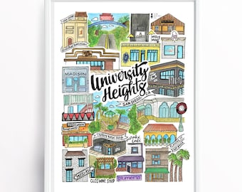 University Heights Art Print | San Diego Watercolor Drawing California Wall Decor Pacific Beach North Park Hillcrest Normal Heights Park Ave