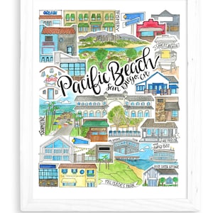 Pacific Beach I San Diego, CA Impressão artística | Desenho em aquarela de San Diego Cartão postal da Califórnia Parede de presente UCSD La Jolla Kate Sessions Park Socal