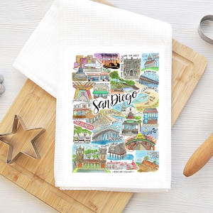Geschirrtuch San Diego, CA | Aquarell Kunst Illustration Geschenk Küche Koch Foodie California Socal Pazifik Beach Nordpark Mission Bay