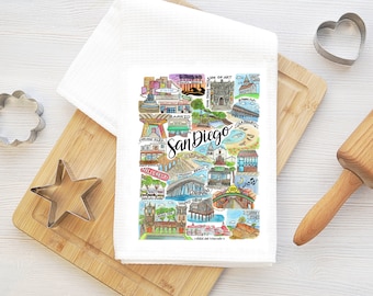 Theedoek San Diego, CA | Aquarel Kunst Illustratie Cadeau Keuken Chef Kok Foodie Californië Socal Pacific Beach North Park Mission Bay