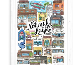 Normal Heights Art Print | San Diego Watercolor Drawing California Wall Decor OB Pacific Beach North Park Hillcrest Dog Beach Pier CA