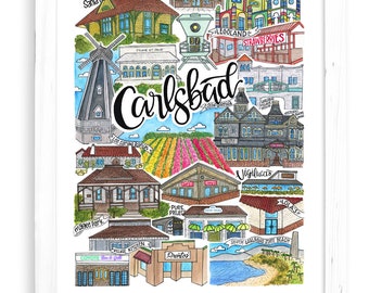 Carlsbad, CA Art Print | San Diego Watercolor Drawing California Wall Decor Encinitas North County Oceanside Legoland Socal Hwy 1 Windmill