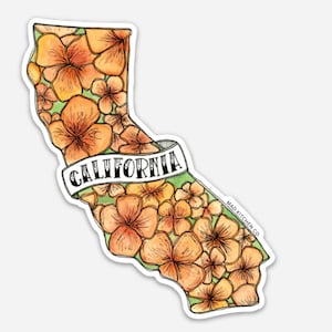 May include: A sticker of the state of California with an outline of the state and a banner that says "CALIFORNIA". The state is filled with orange flowers on a green background.