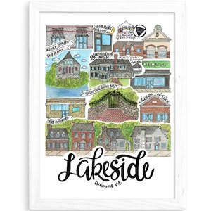 May include: A watercolor illustration of a Lakeside neighborhood in Richmond, VA. The illustration features various buildings, including a bakery, a house, a fire station, and a park. The illustration is surrounded by green trees and bushes.