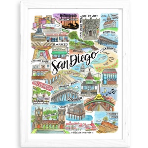 San Diego Art Print | Watercolor Drawing California Wall Decor Coronado Little Italy Pacific Beach La Jolla Hillcrest Toerrey Pines Balboa