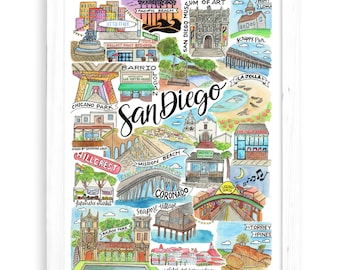 San Diego Art Print | Watercolor Drawing California Wall Decor Coronado Little Italy Pacific Beach La Jolla Hillcrest Toerrey Pines Balboa