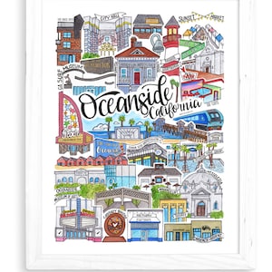 Könnte beinhalten: Eine farbenfrohe Illustration von Oceanside, Kalifornien, mit Sehenswürdigkeiten wie dem Oceanside Museum of Art, der Cassady Bridge und dem Oceanside Pier. Die Illustration ist im Cartoon-Stil mit leuchtenden Farben und skurrilen Details gehalten.