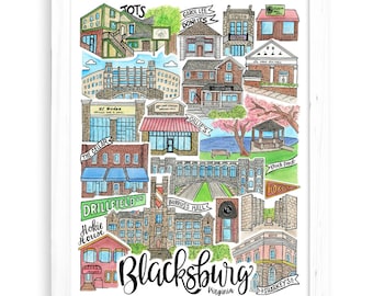 Blacksburg Art Print | Virginia Tech VA Watercolor Gift VT Hokies Orange and Maroon Christiansburg Montgomery County College VCU uva jmu