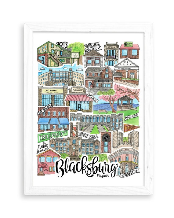 Blacksburg Art Print Virginia Tech VA Watercolor Gift VT Hokies